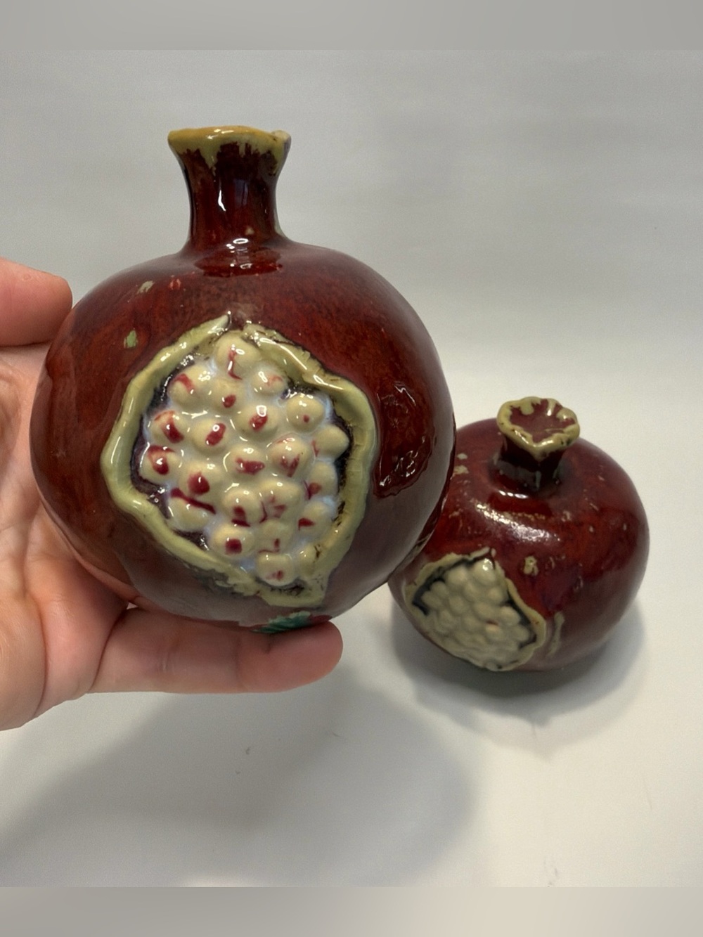 Ceramic Pomegranates MCM Vintage Studio Pottery Red Pomegranate Pair Prosperity